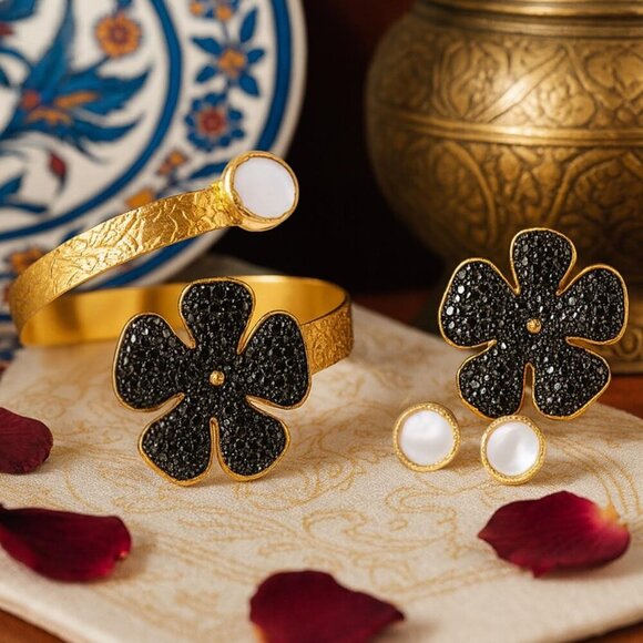 Turkish Artisanal Black Flower Set 18K Gold Plated Brass Statement Jewelry - Picture 1 of 14